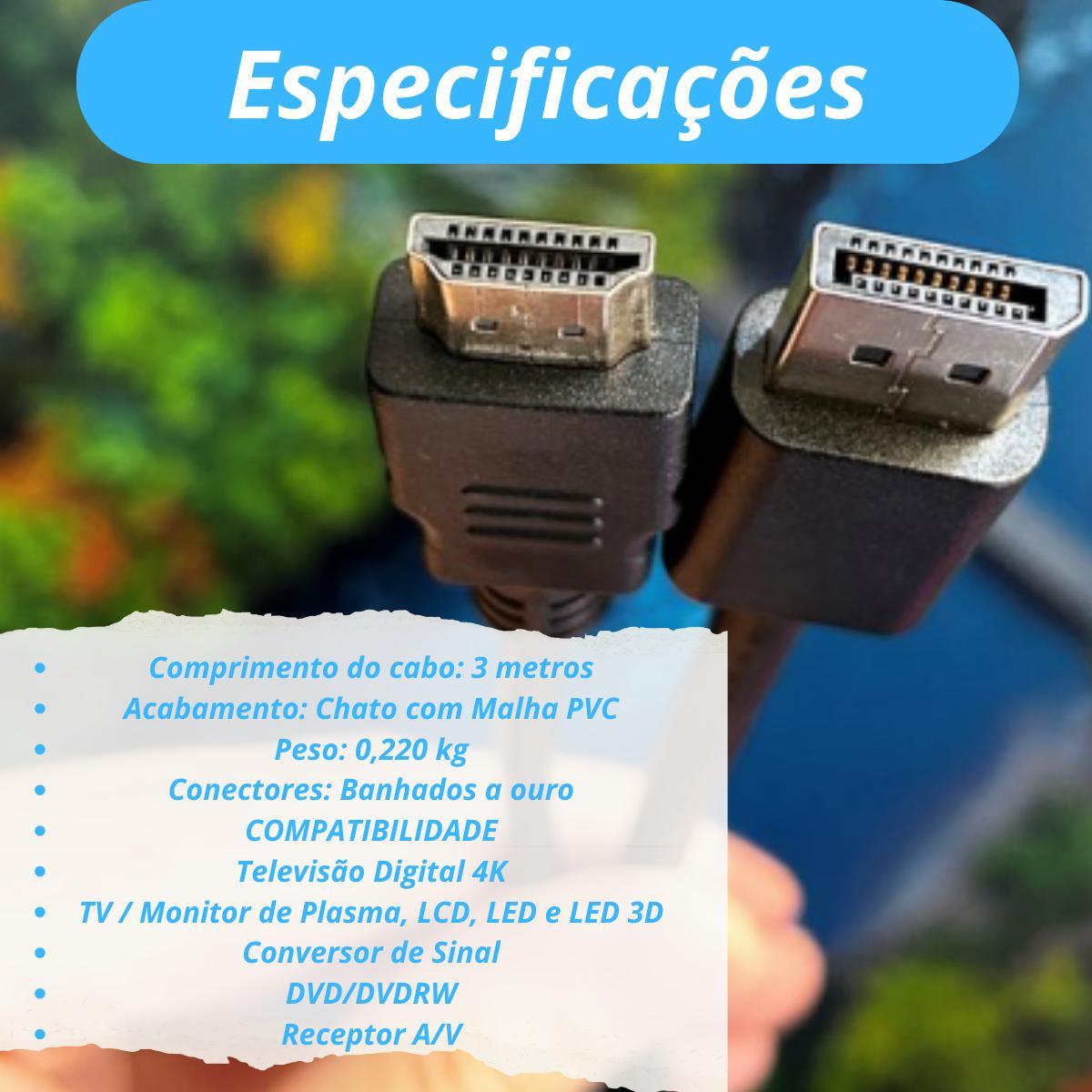 Cabo Hdmi 2.0 4K Blindado 3M Ponta Gold - Entrega Rápida