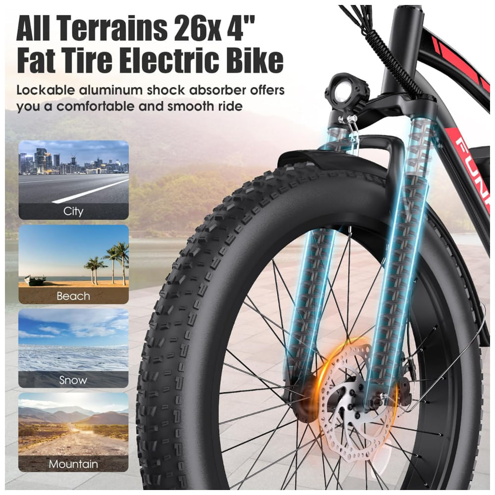 Miniatura Bicicleta Elétrica para Adultos Funhang EB-S1, 1000W, 25MPH, 60 Milhas, Mountain Bike Elétrica 26' com Pneus Largos, Bateria 48V 13AH, Bagageiro, Susp
