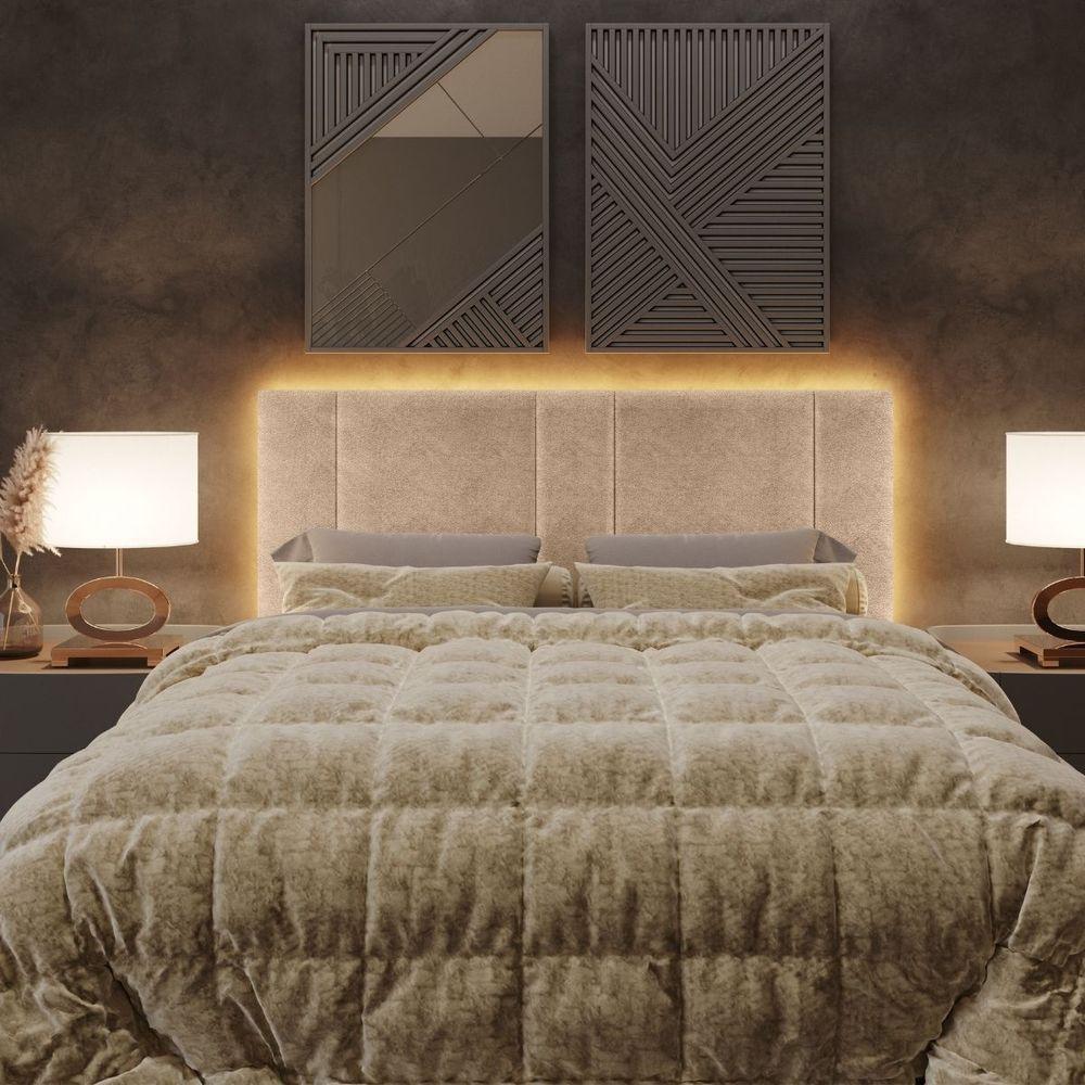 Cabeceira Estofada Iluminação Led Stella Cama Queen Size 160cm Buclé Bege