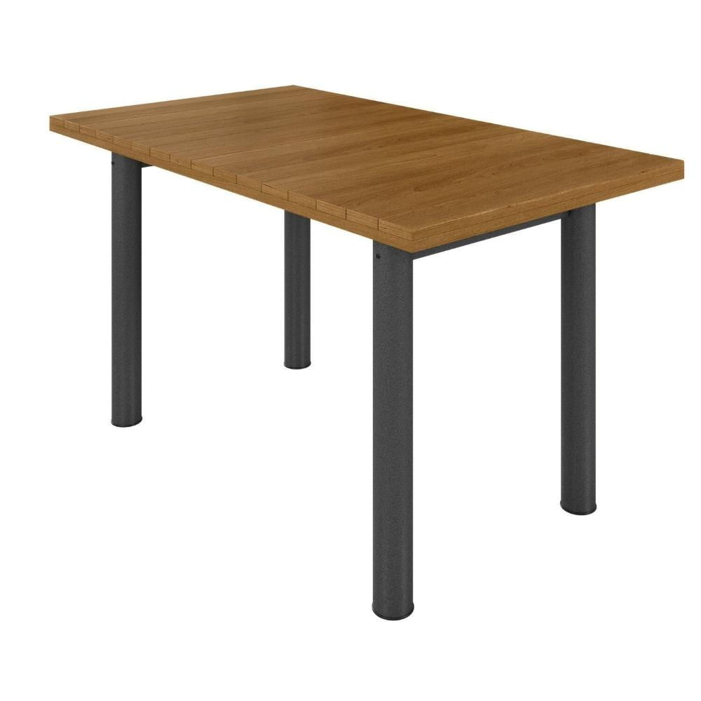Miniatura Mesa Retangular Tampo Madeira Maciça Ripado 140x75cm Base Tubo 3" Madeira Maciça/Preto