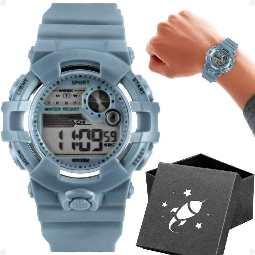 Miniatura Relogio Digital Infantil Menino Silicone Criança + Caixa Cronometro Esportivo Alarme Cinza Presente