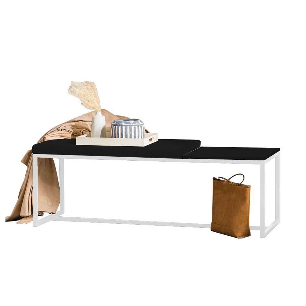 Miniatura Banco Recamier Puff 160cm Industrial Branco Sintético Preto Tampo Quadrado Mdf Preto