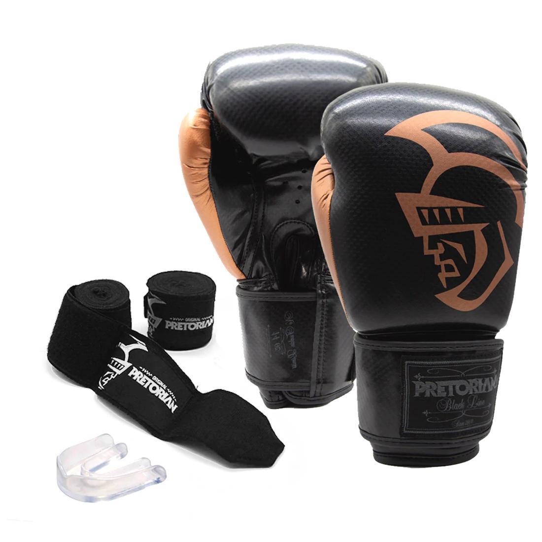 Miniatura Kit Boxe Luva Pretorian Black Line 12Oz Bucal E Bandagem Amarelo