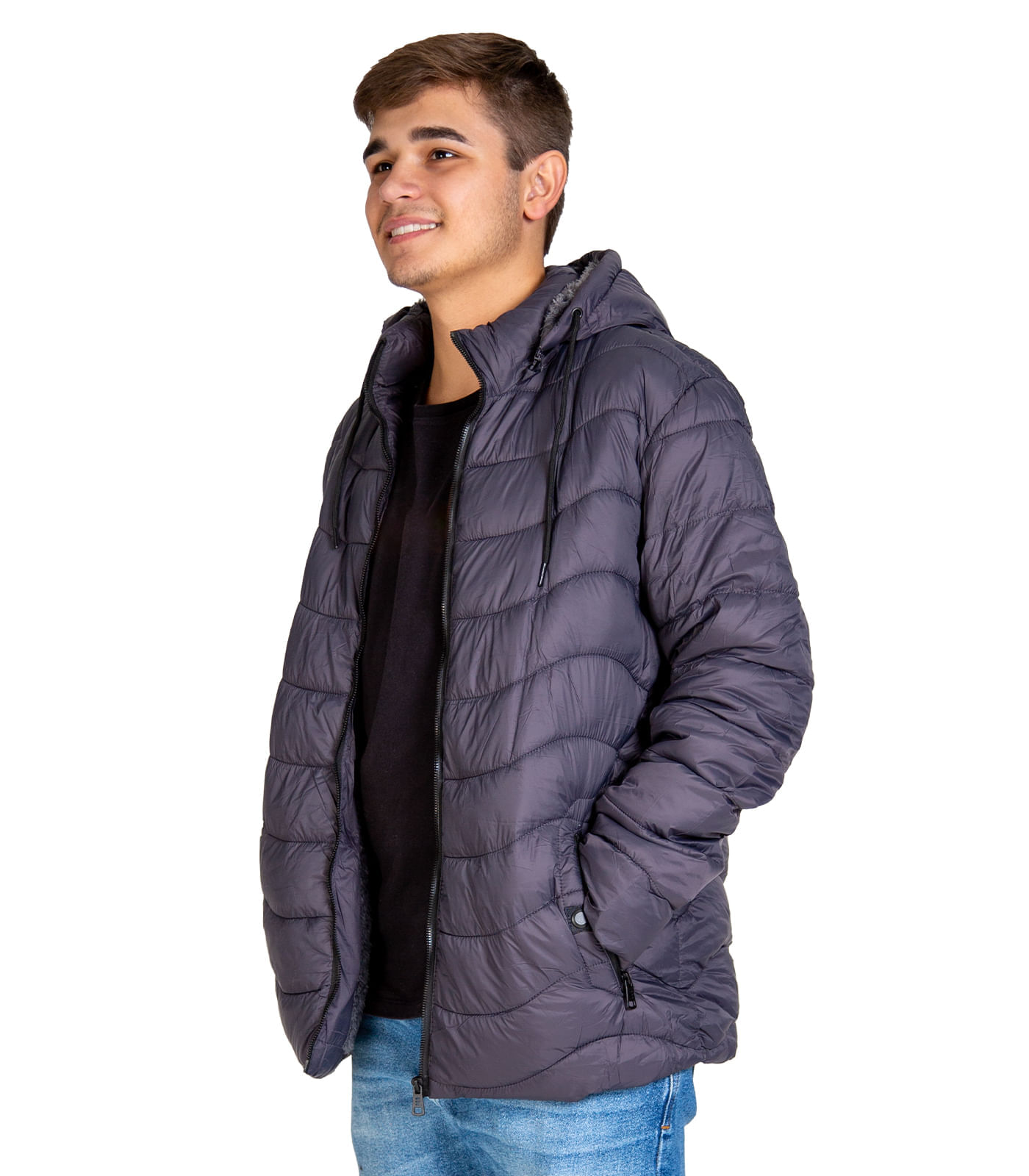 Miniatura Jaqueta Puffer Masculina Com Capuz Sea Surf Cinza G