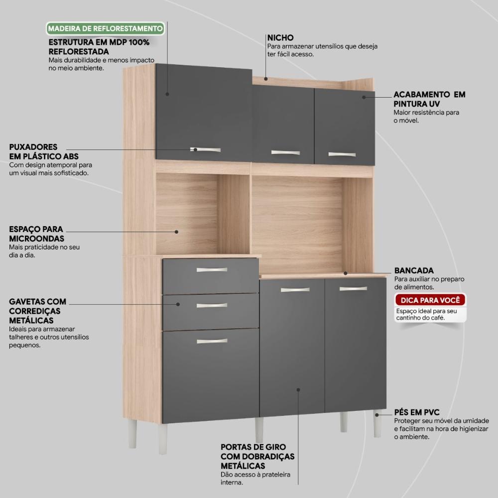 Armario De Cozinha 6 Portas 2 Gavetas Harmonia Demobile Avena Touch/Grafito