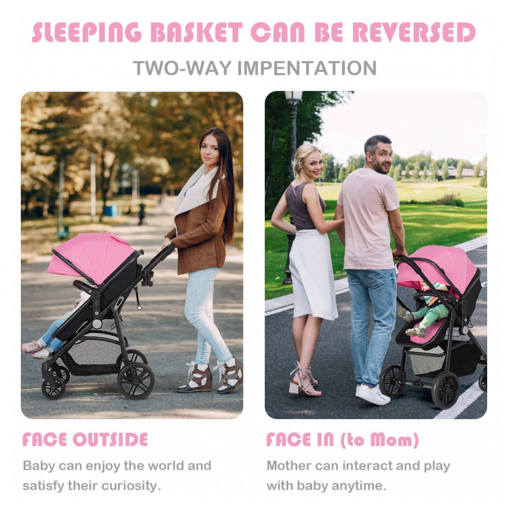 Miniatura Carrinho de Bebê 2 em 1 com Suspensão e Porta Copos, Baby Joy, Rosa