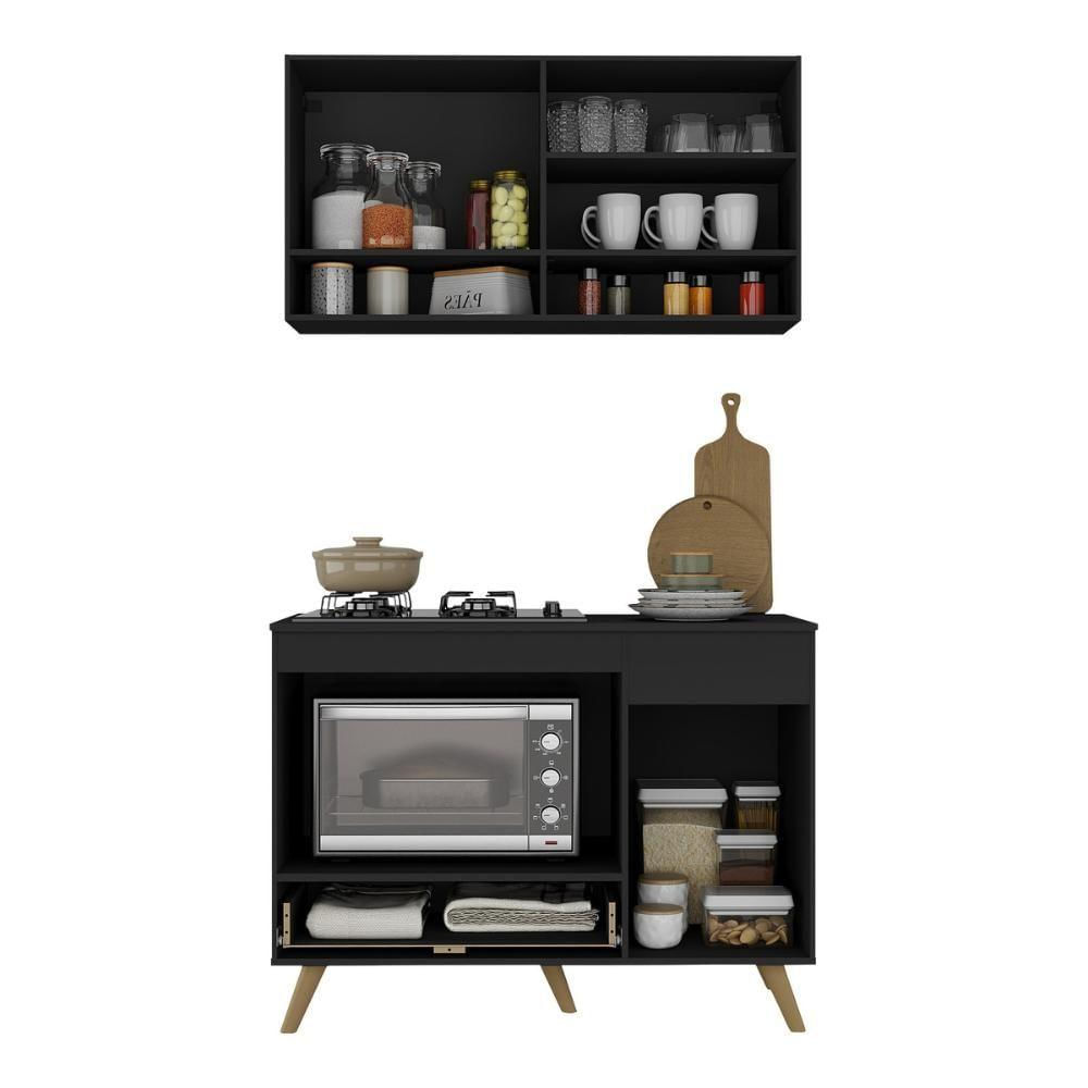 Miniatura Armário De Cozinha Modulada Compacta 105cm Com Balcão Para Cooktop Veneza Multimóveis Mp2260 Preto Dourado