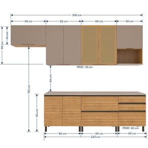 Cozinha Completa Bartira Cristal 300cm com 8 Portas 5 Gavetas e Nicho Micro-ondas Lâmina Mel e Nude