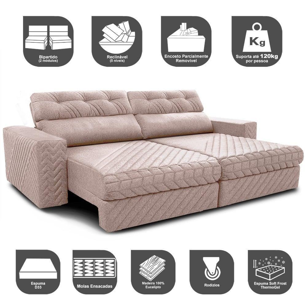 Sofá Retrátil E Reclinável 2,55m Molas Ensacadas Cama Inbox Style Thermo Gel Linho Bege Claro