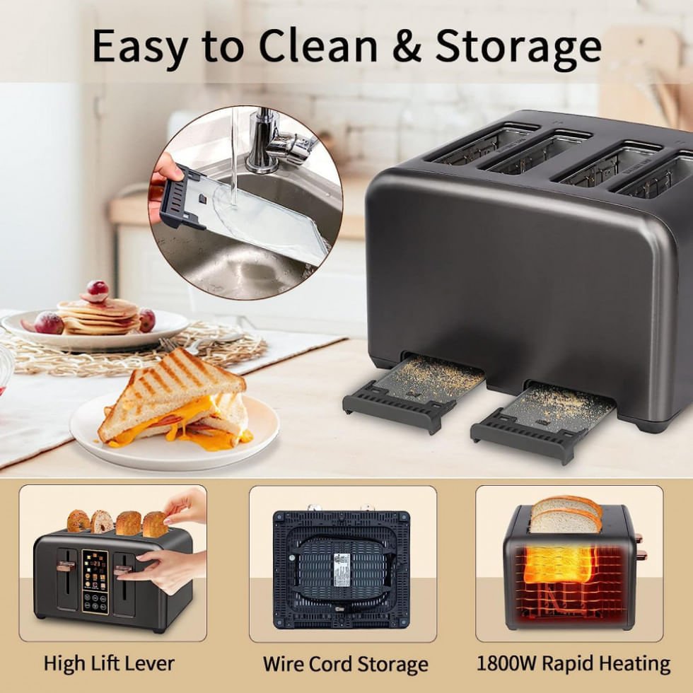 Torradeira Elétrica 4 Fatias com 7 Níveis de Tostagem com Função Descongelar e Bandejas de Migalhas Removíveis, 110V 1800...