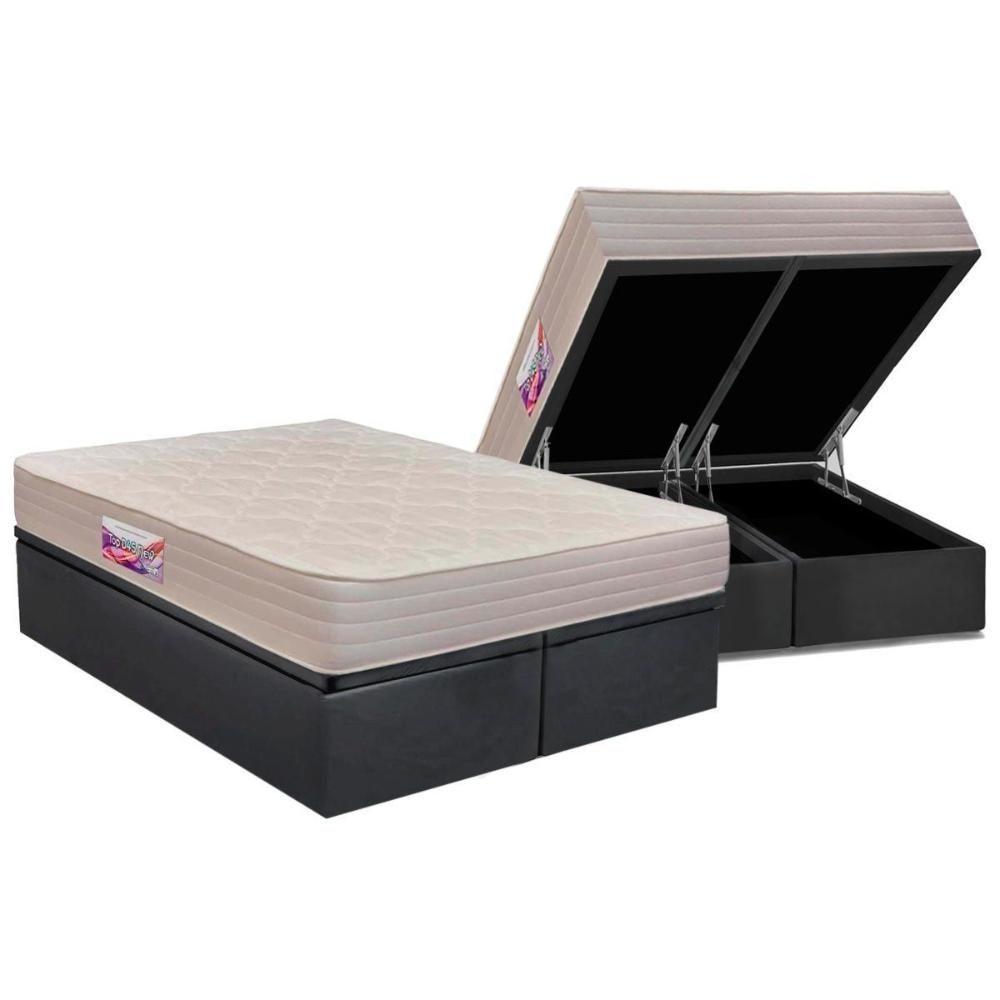 Miniatura Cama Box Baú Queen: Colchão Espuma D45 Herval New Top Double Face + Base Crc Courano Gray(158x198)