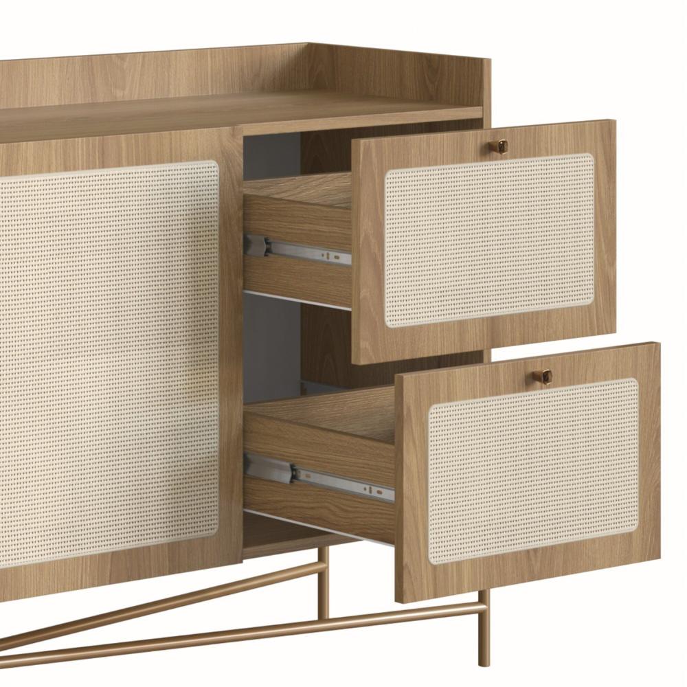 Buffet Aparador 3 Portas 2 Gavetas Palhinha Pé Metal Dourado Oslo Artesano Hanover/Dourado