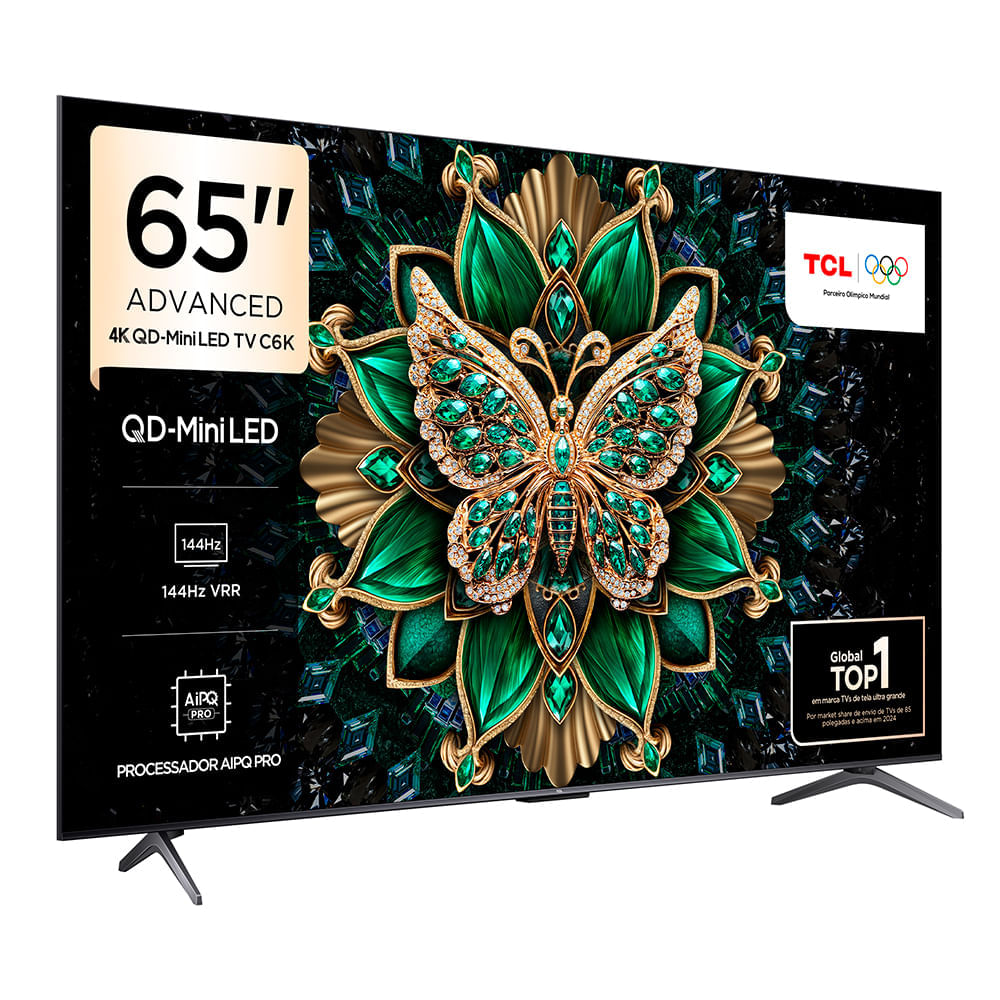 Miniatura Smart TV 4K TCL QD-Mini LED 65” Polegadas com HDMI 2.1, Dolby Vision IQ, Subwoofer, 144Hz VRR e Wi-Fi - 65C6K Bivolt