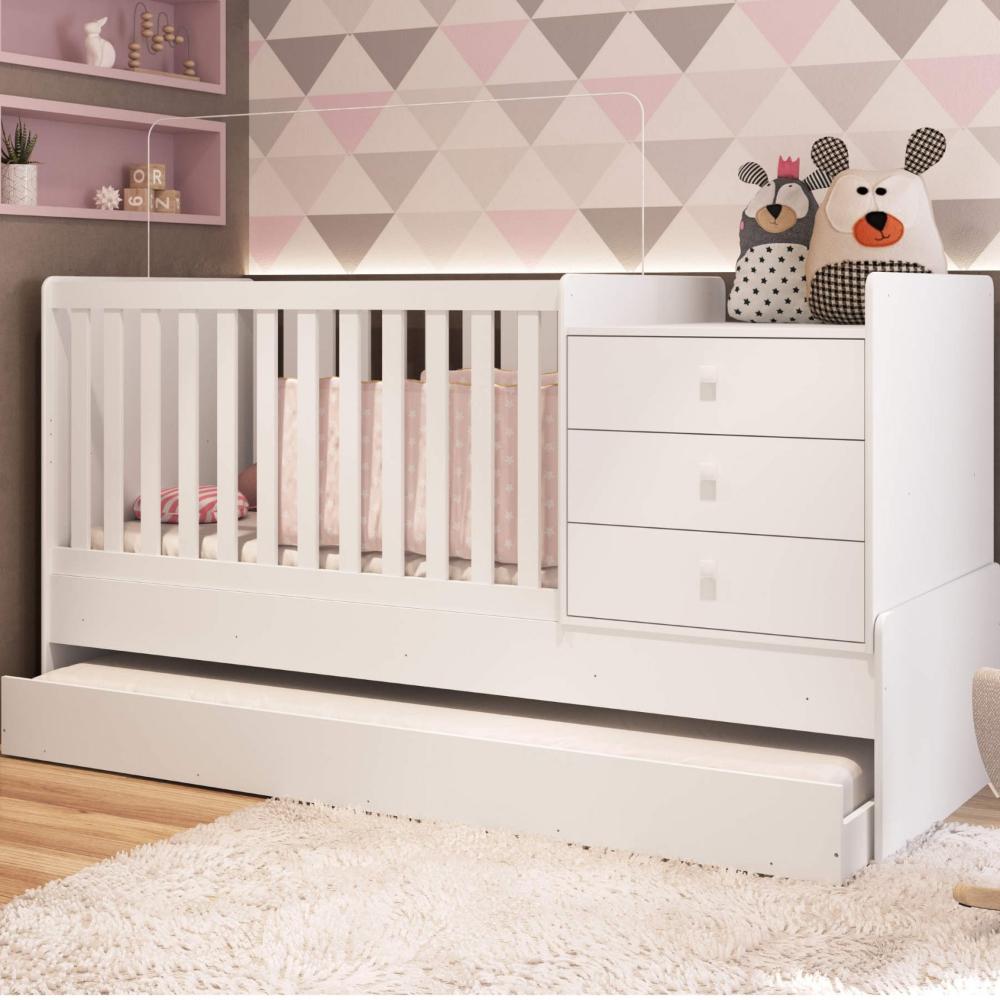 Miniatura Berço Cama Multifuncional com Cama Auxiliar 3 Gavetas Completa Móveis Branco