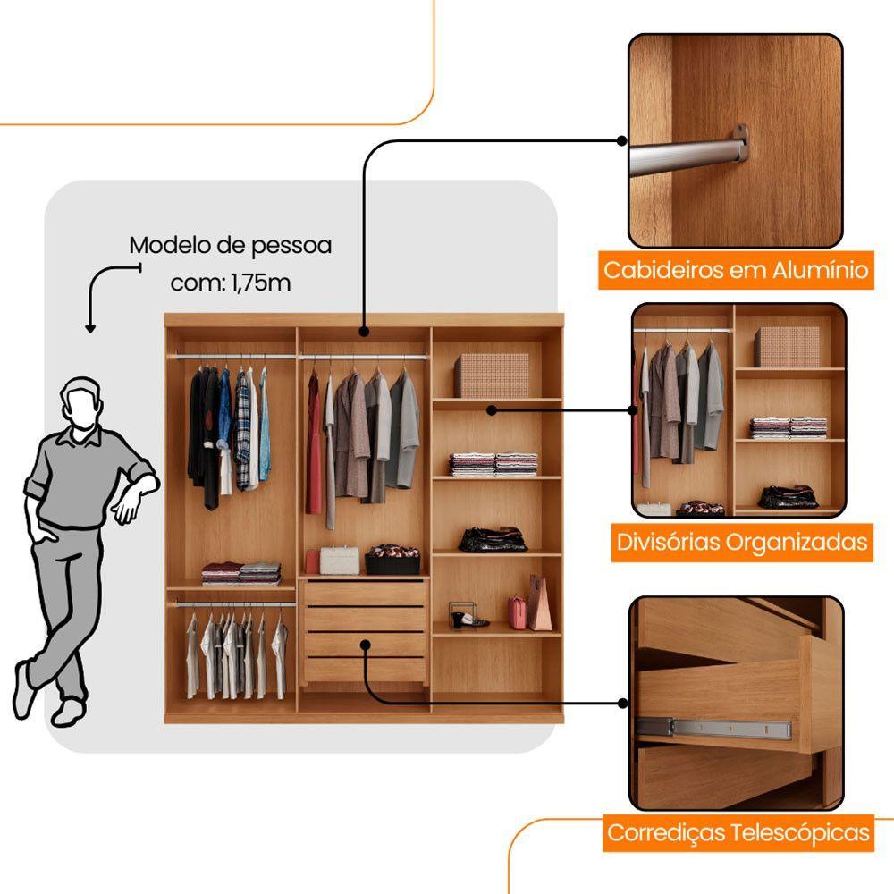 Guarda Roupa Casal Connor 100% Mdf 3 Portas 4 Gavetas Naturalle