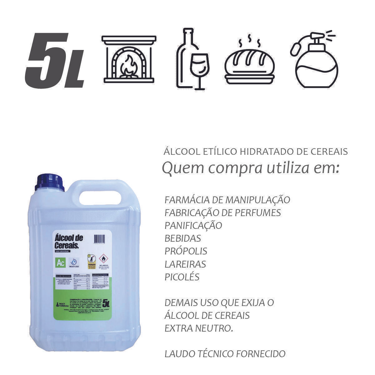 Miniatura Álcool De Cereais 96% Uso Diversos, 5 Litros.