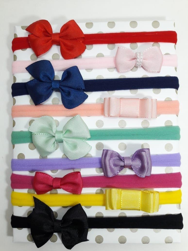 Tiara De Bebe Menina Kit Faixas Meia De Seda 9 Laços Rn