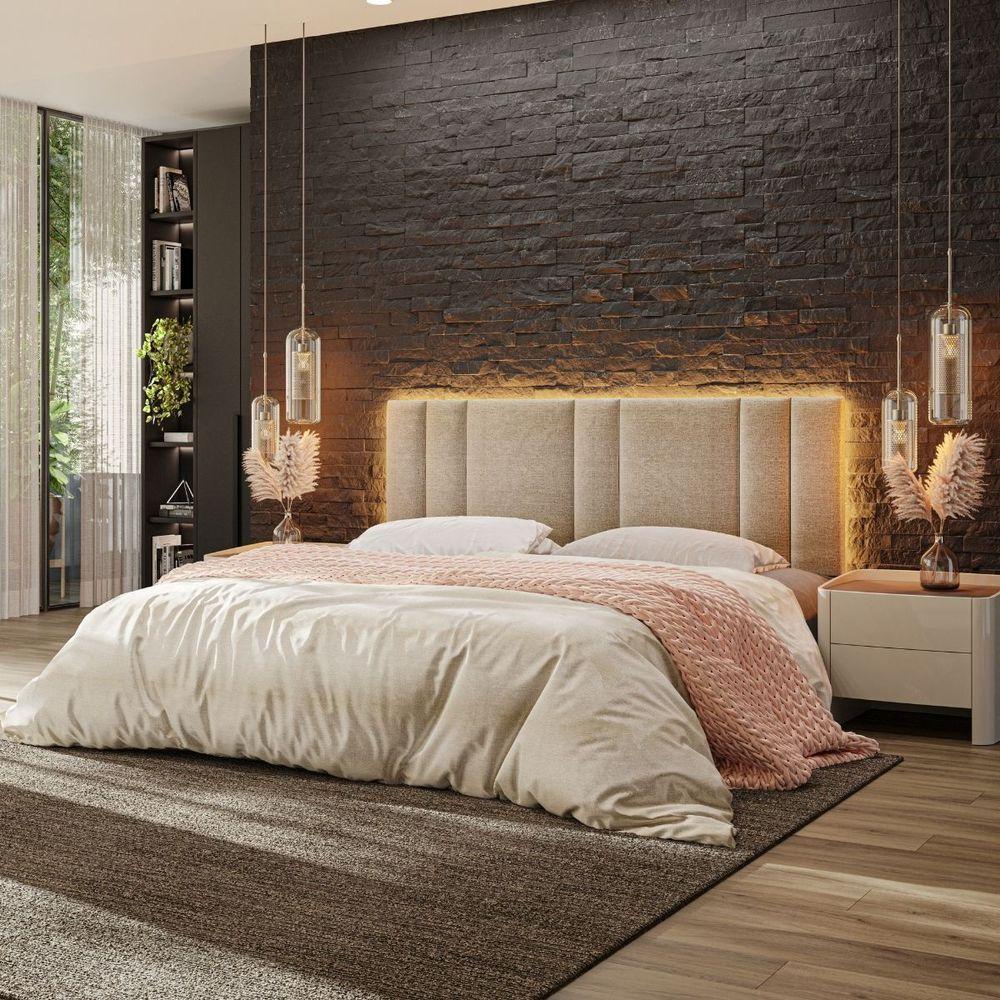 Cabeceira Estofada Iluminação Led Cama Casal King Size 200 Cm Cor:linho Bege