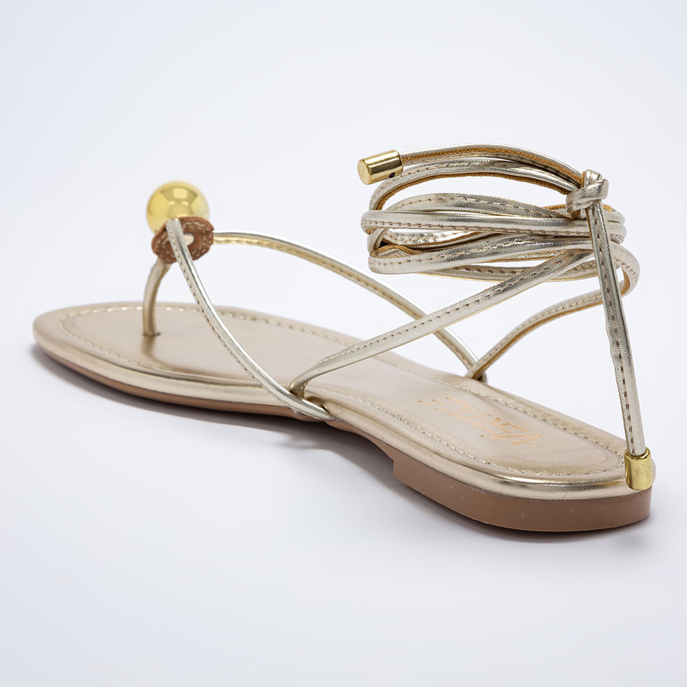 Miniatura Rasteira Flat Feminina Com Amarração E Detalhe Bola - Ouro 34