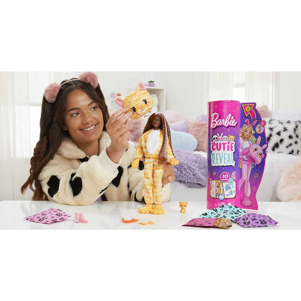 Miniatura Barbie Cutie Revelação com Fantasia de Gatinho e 10 S urpresas Incluindo 1 Mini Pet com Mudança de Cor