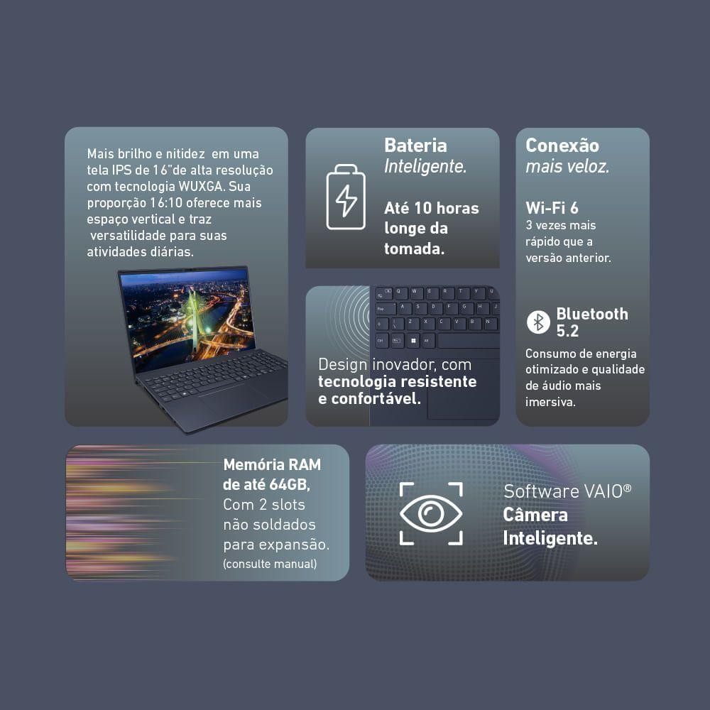 Miniatura Notebook VAIO FE16 Intel Core i5-1335U Linux 16GB RAM 512GB SSD Tela 16” IPS WUXGA Antirreflexo Cinza Grafite
