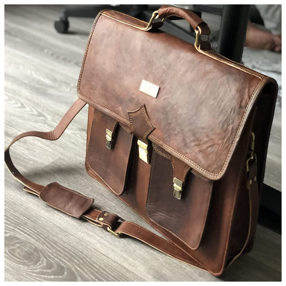 Miniatura Bolsa Maleta de Couro Masculina para Laptop, HULSH, Marrom