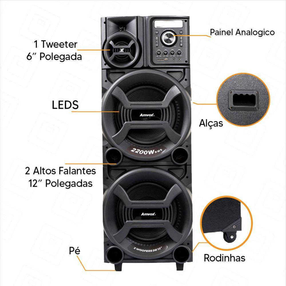 Miniatura Caixa De Som Amvox Pesadão II 2200W Led Bluetooth USB SD Bivolt Preto ACA 2201 117422012749 - Eletricidade - BT/ USB / SD /AUX / 2xP10 - Preto - 12 meses - 2200W - Bivolt