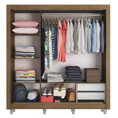 Miniatura Guarda Roupa Casal Madesa Lyon 3 Portas de Correr com Espelho 2 Gavetas com Pés Rustic Cor:Rustic