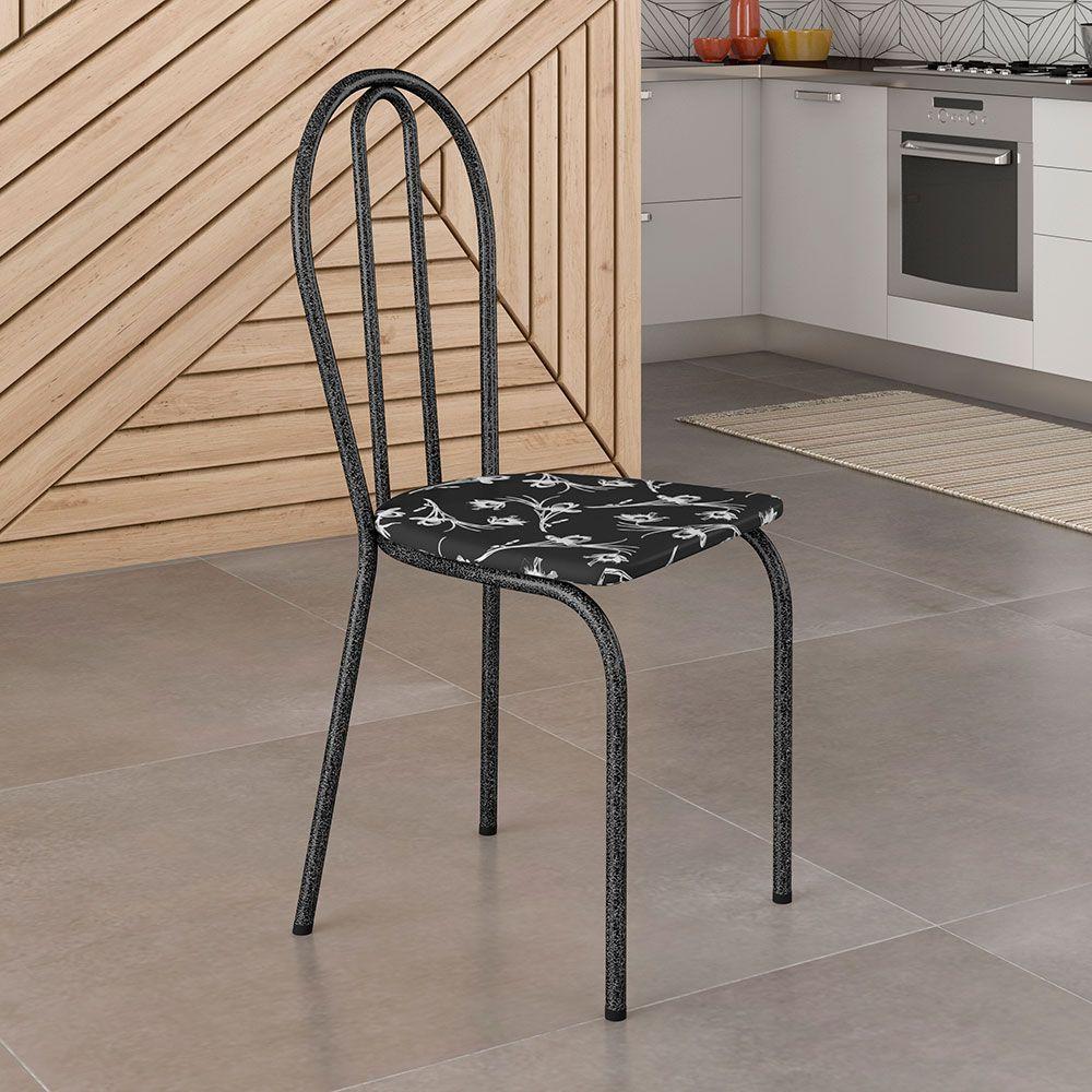 Kit 6 Cadeiras De Cozinha Texas Estampado Preto Florido Pés De Ferro Cromo Preto - Pallazio