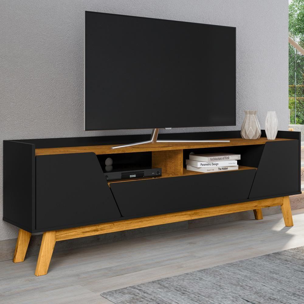 Miniatura Rack Para Sala De Estar Tv 70 Pol 180cm Morello B02 Preto Fosco Naturalle - Lyam Decor