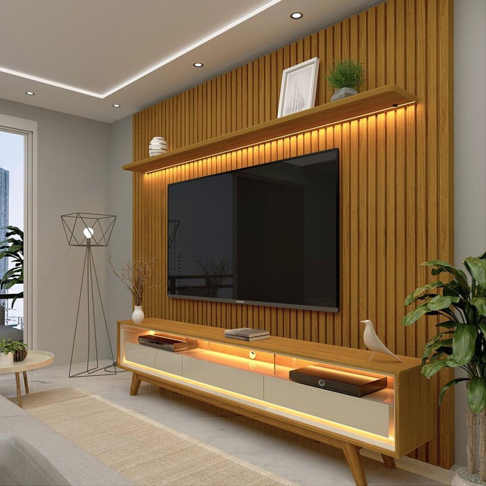 Miniatura Painel Ripado com Rack para TV até 75 Polegadas LED 3 Gavetas 2 Prateleiras com Pés 230cm Nobre Gelius Móveis Naturale