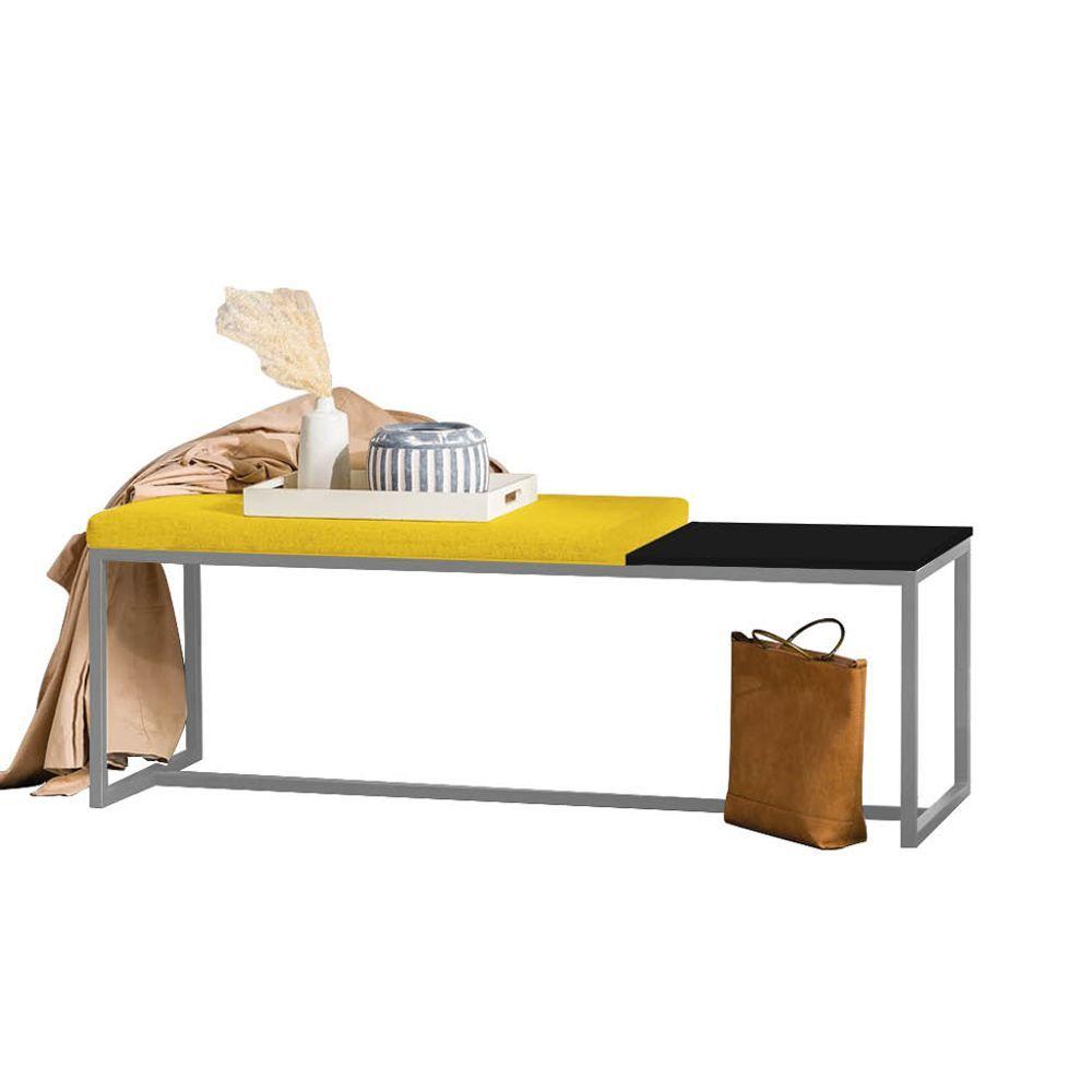 Miniatura Banco Recamier Puff 195cm Industrial Prata Suede Amarelo Tampo Quadrado Mdf Preto