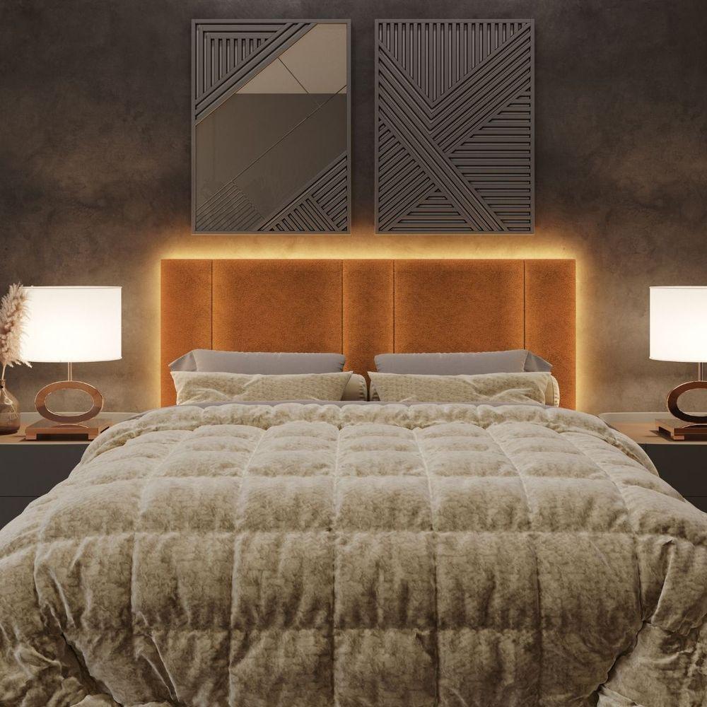 Cabeceira Estofada Iluminação Led Cama Casal Queen Size 160 Cm Cor:buclé Terracota