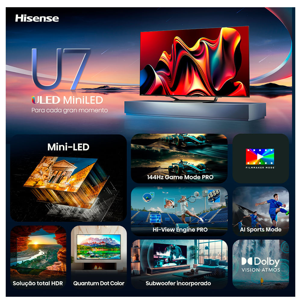 Miniatura Smart TV Hisense QLED Mini UHD 4K 65" Polegadas Frequência 144 Hz e Wi-Fi - 65U75LUA Bivolt