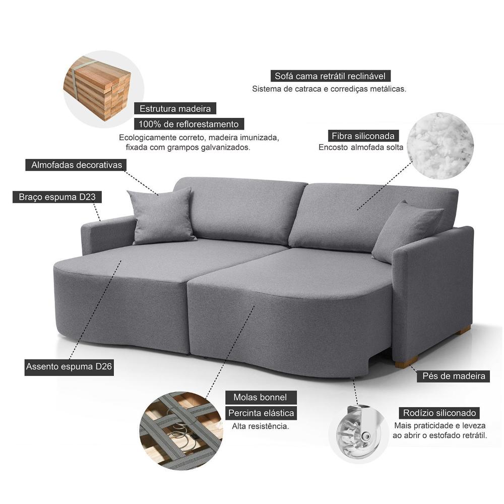 Sofá Cama Retrátil 2 Lugares 184 cm Moscow Cinza Escuro