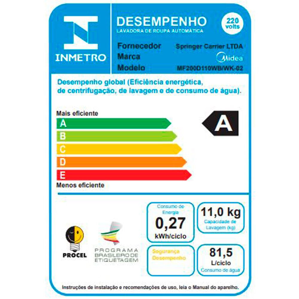 Lava e Seca Midea HealthGuard Smart 11Kg 14 Programas MF200D110WB Branco - 110V