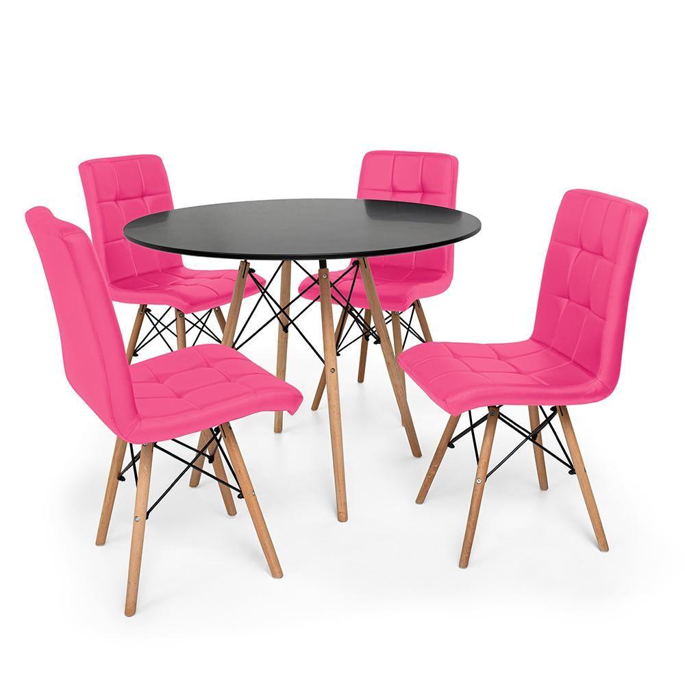 Miniatura Conjunto Mesa Jantar Eiffel Preta e 04 Cadeiras Rosa