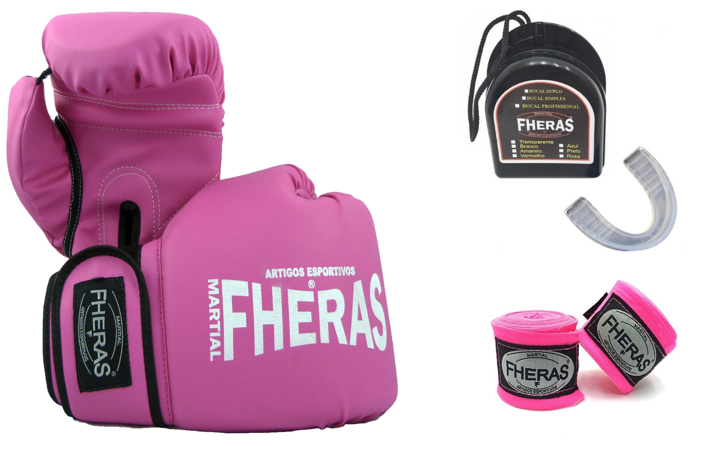 Miniatura Kit Boxe Muay Thai Fheras Luva Bandagem Bucal 10Oz Rosa