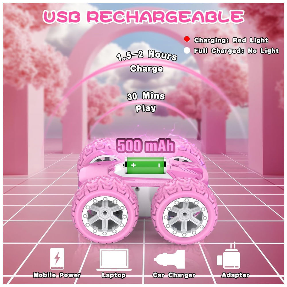 Carrinho de Controle Remoto Rosa para Meninas, Carro RC com Adesivos Personalizáveis, Luzes Coloridas e Acrobacias 4WD - 360° de Giro,Kazswitle