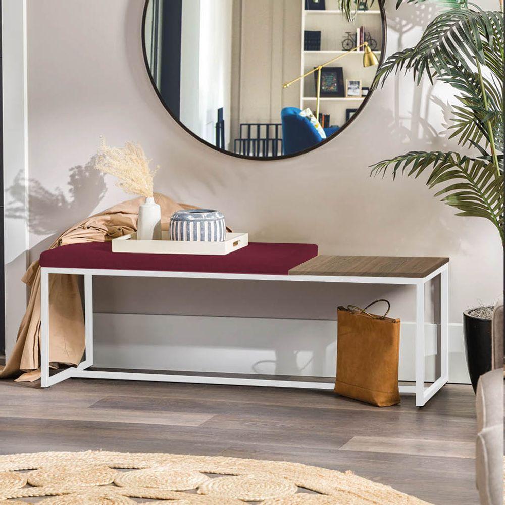 Miniatura Banco Recamier Puff 160cm Industrial Branco Suede Bordô Tampo Quadrado Mdf Marmorizado