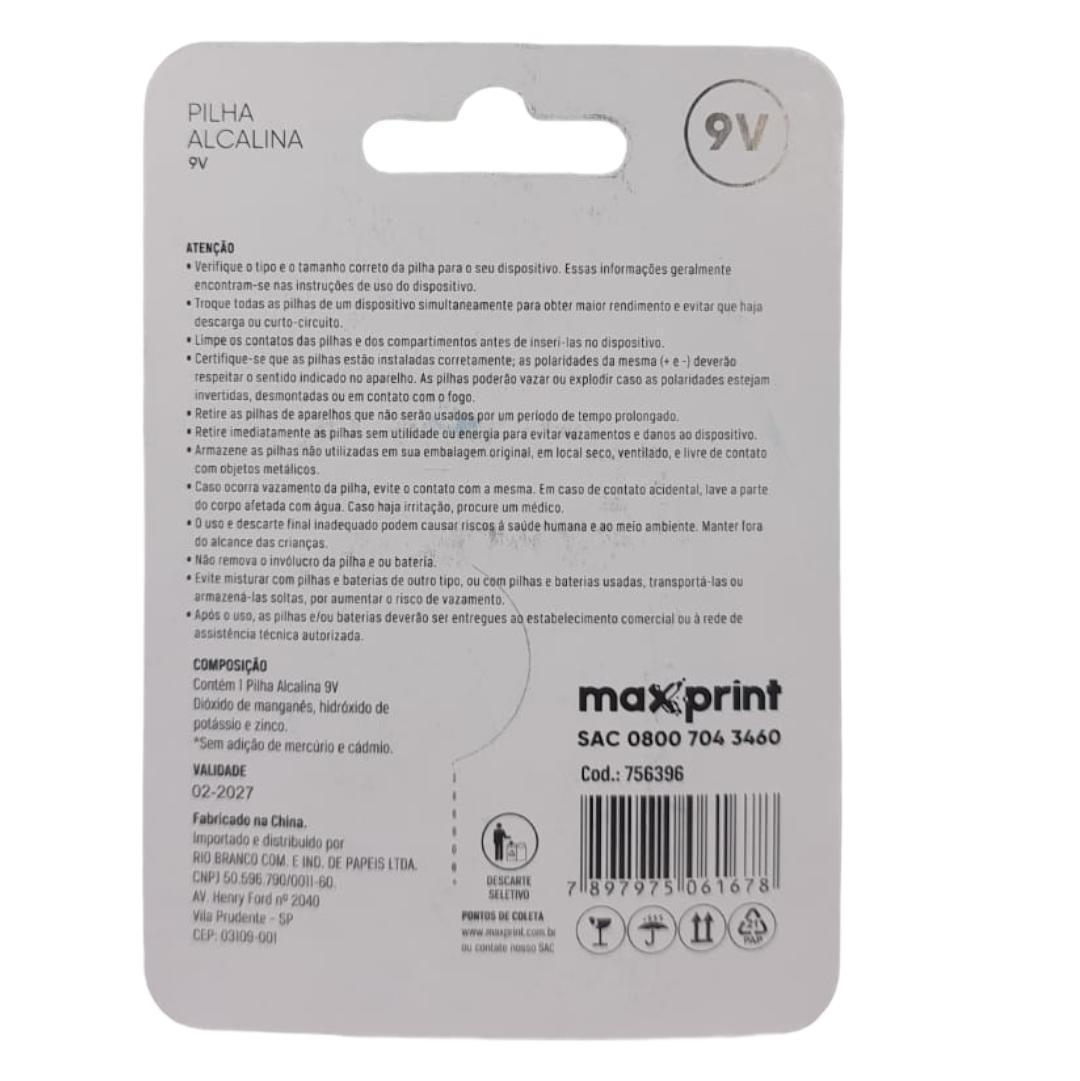 Miniatura Bateria Alcalina Maxprint 9V Cartela Com 1 Uni