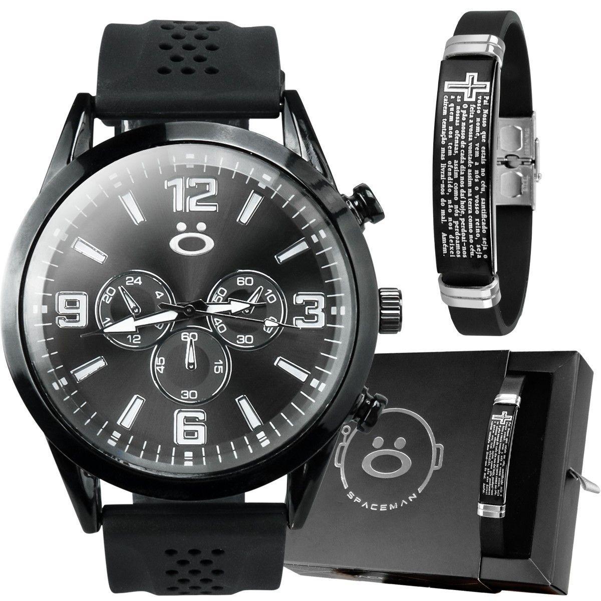Miniatura Relógio Aço Inox Preto Masculino + Pulseira Pai Nosso +