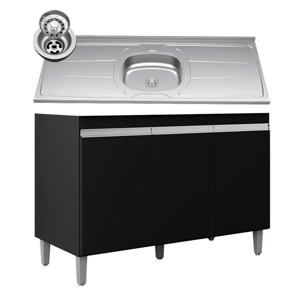 Miniatura Balcão De Cozinha Com Pia Inox 120cm 3 Portas Manu Preto - Ajl Móveis