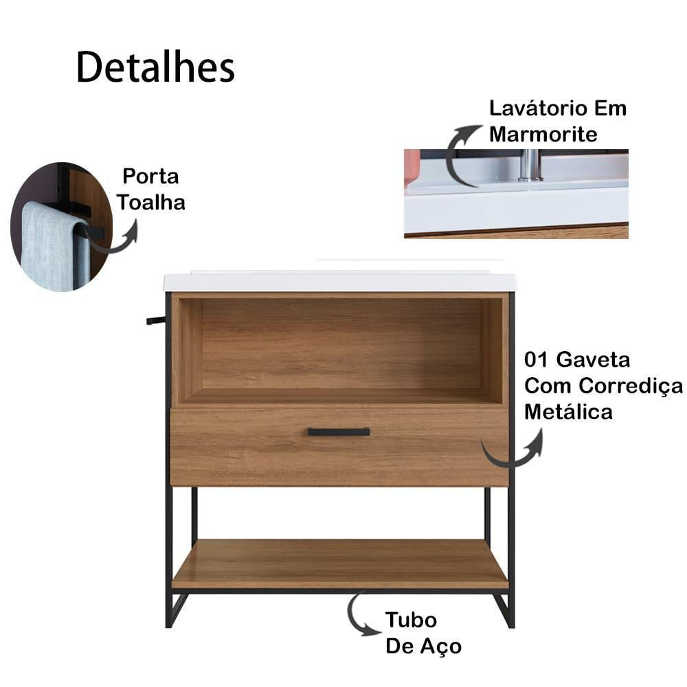 Gabinete Banheiro 80 Cm Com Lavatorio Marmorite Preto Mell P1008 Pp Preto Mell