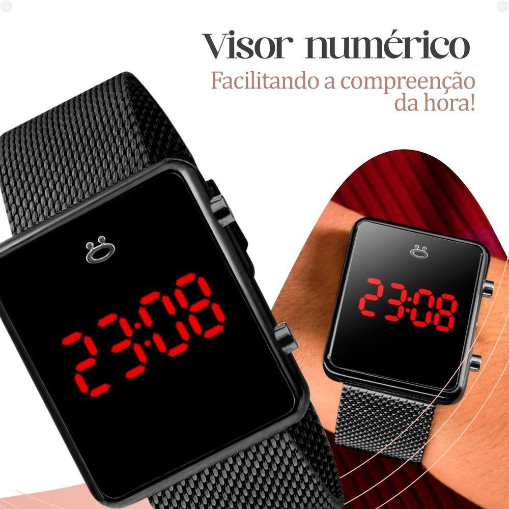 Miniatura Relogio Preto Digital Feminino + Brincos + Colar Strass Quadrado Casual Pulseira Ajustável Presente