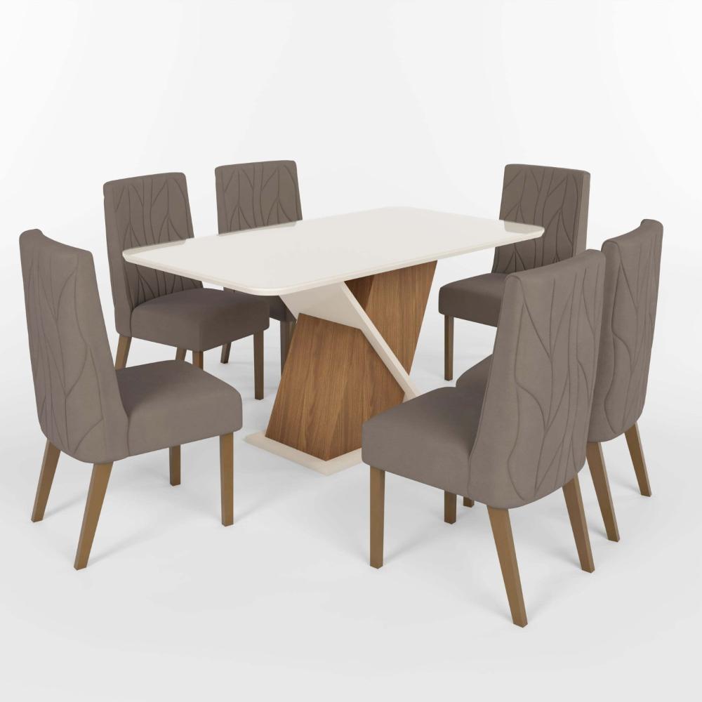 Miniatura Conjunto Sala Jantar Letícia Mesa 160 Cm Canto Arredondado com Vidro 6 Cadeiras Espresso Móveis Nature/Off White/Marrom Amêndoa