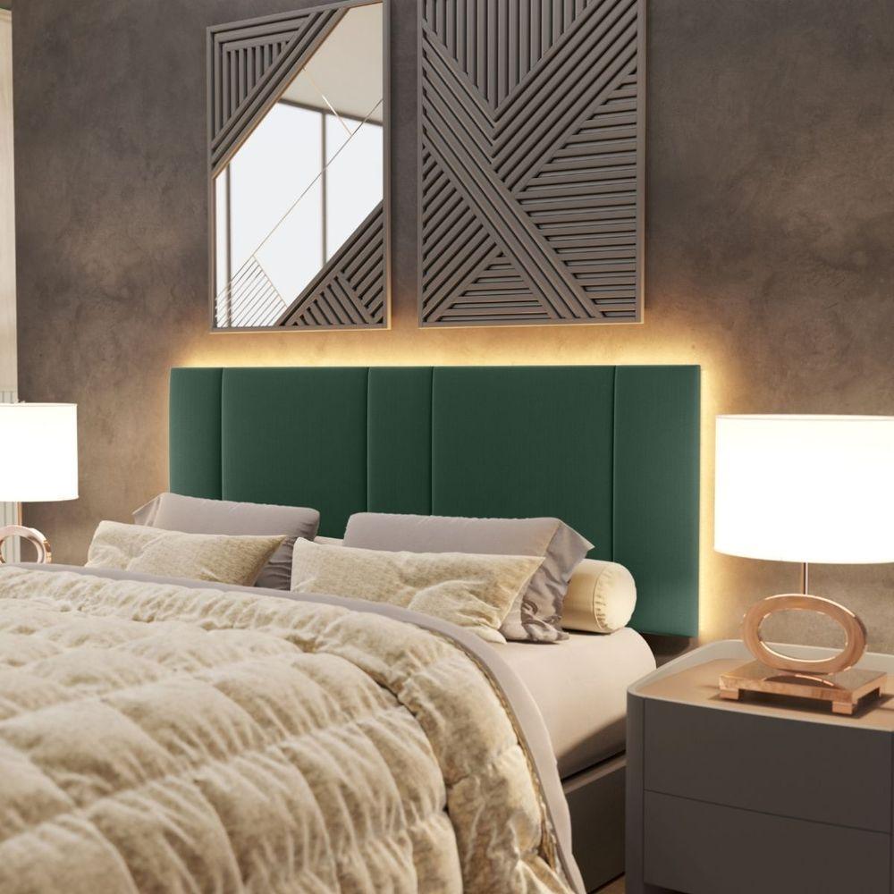 Miniatura Cabeceira Estofada Cama Casal Queen Size Led Moderna 160 Cm Veludo Verde