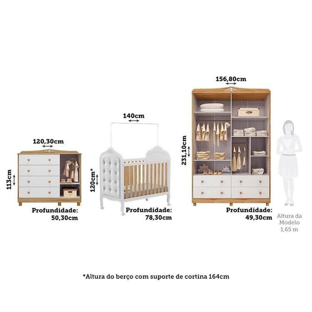 Miniatura Quarto de Bebê com Guarda-Roupa Cômoda e Berço com Capitonê 100% MDF Maya Provençal Espresso Móveis Branco Brilho/Amêndoa/Branco
