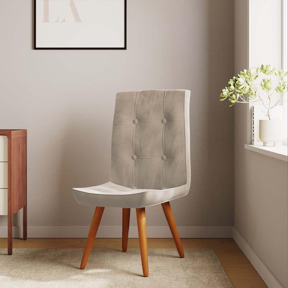 Miniatura Conjunto 03 Cadeira De Jantar Drop Com Botão Base Pé Palito Imbuia Sintético Bege