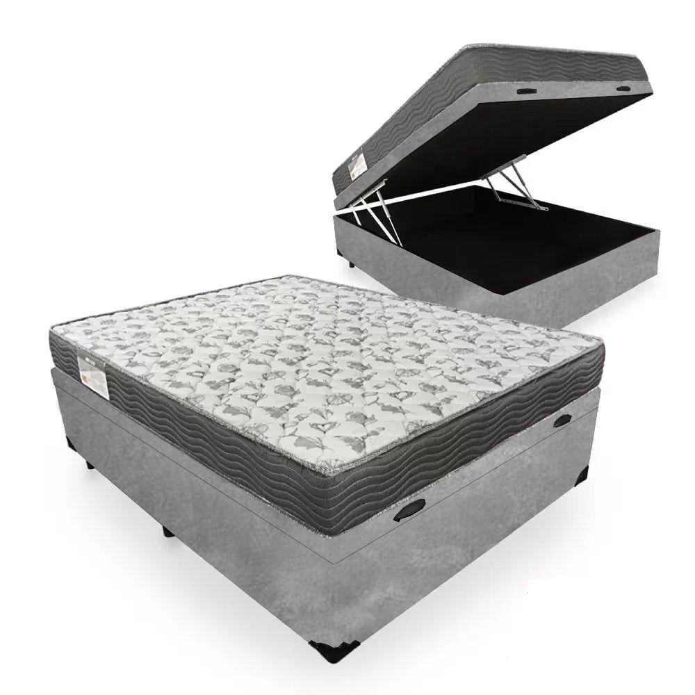Miniatura Cama Box Baú Casal Suede + Colchão De Molas Ensacadas Sereneprime 138x188x62cm Cinza